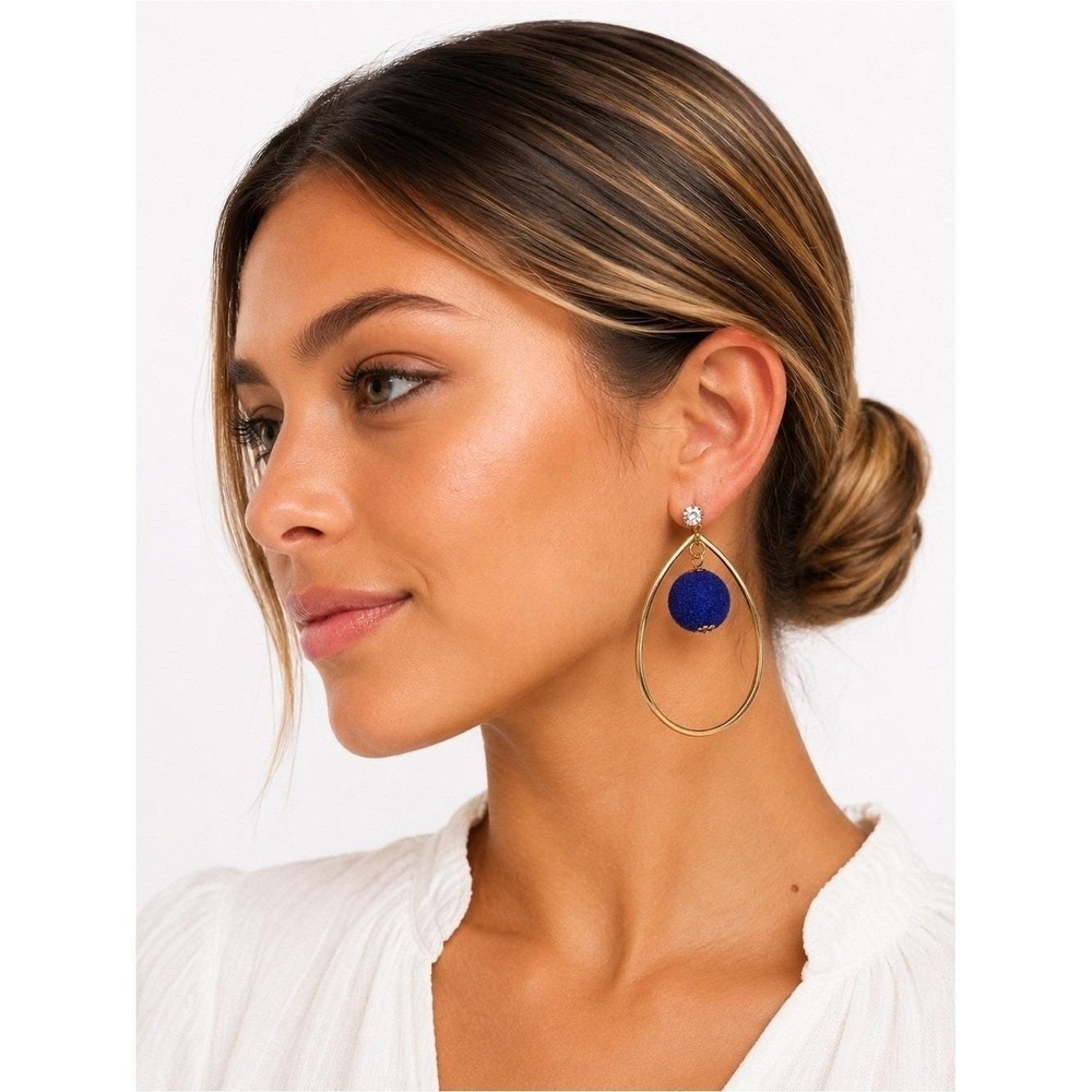 Vintage Royal Blue Velvet Ball Gold Tone Teardrop Rhinestone Earringd